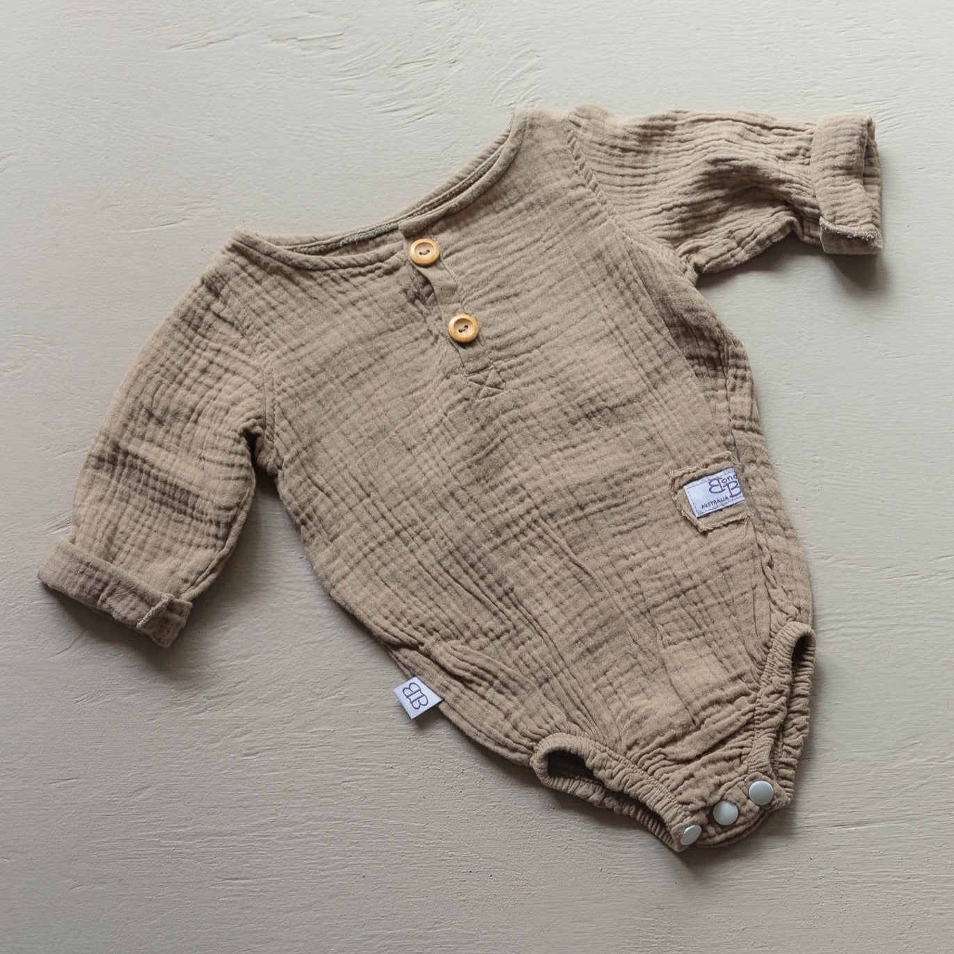 Neutral earthy Baby bodysuit mocha romper jumpsuit organic cotton Australian made