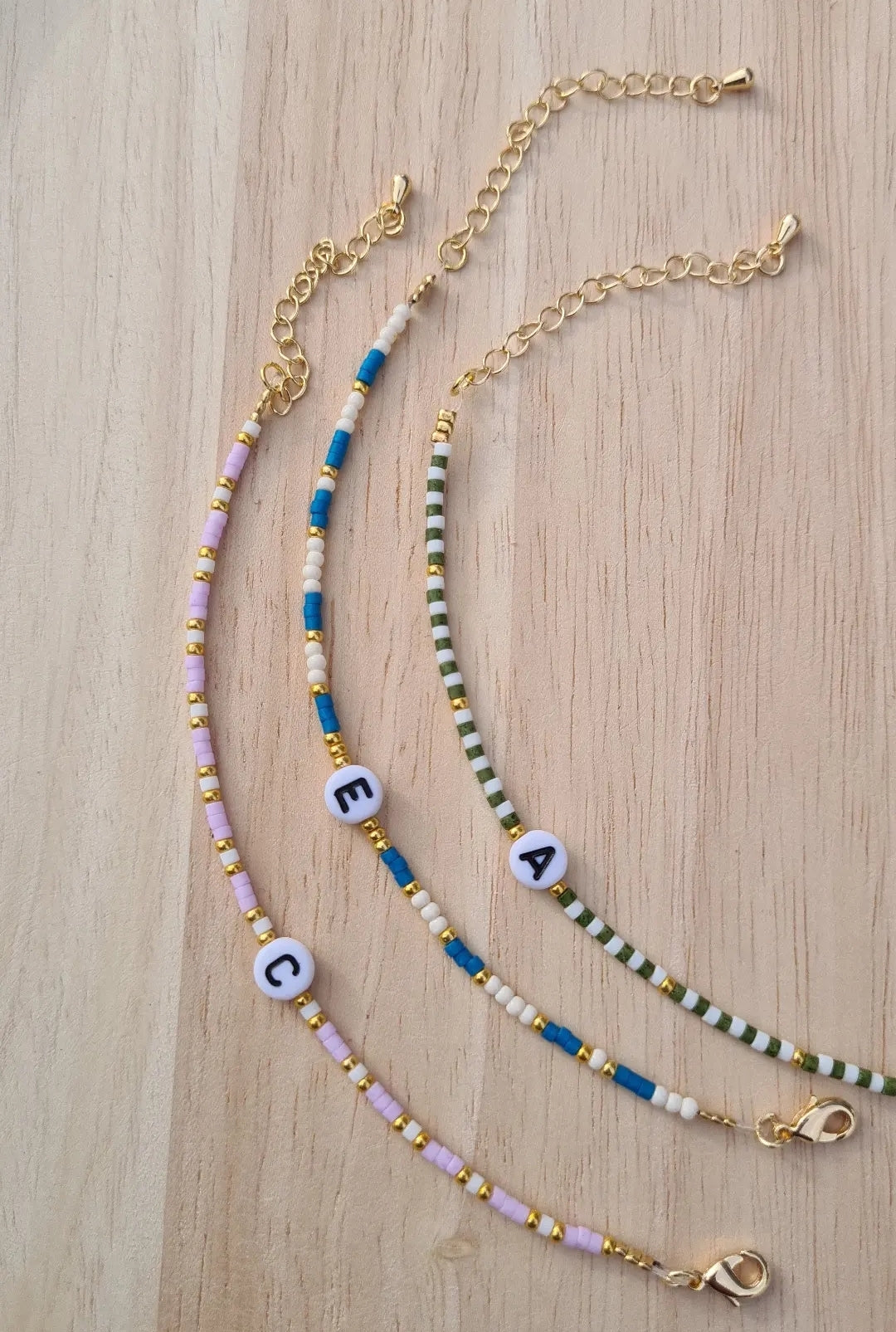 Customer toddler seed bead letter name bracelet gold